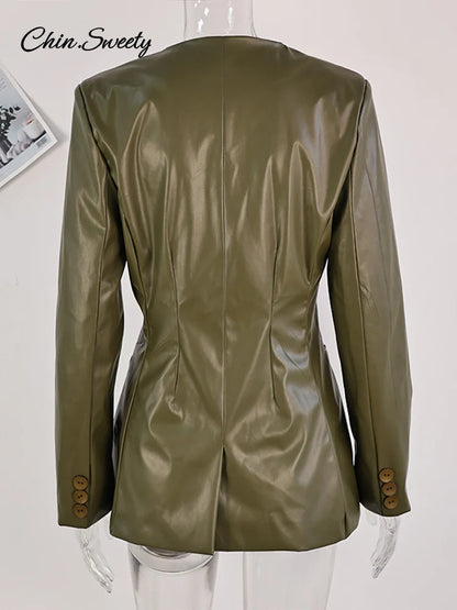 Chaqueta de cuero para mujer, estilo urbano, verde, con pliegues, escote en V, un botón, manga larga, bolsillos, abrigo hasta la cintura, primavera 2025, estilo urbano Y2K.