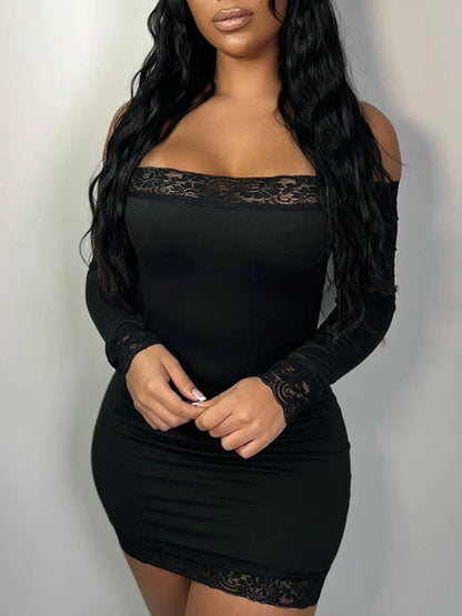 Vestido corto negro de manga larga con hombros descubiertos y ribete de encaje liso y ajustado para mujer, elegante y sexy para fiesta