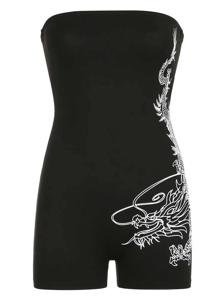 Mono ajustado sexy sin mangas con estampado de dragón, estilo chino, negro, para mujer, mono corto de verano