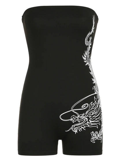 Mono ajustado sexy sin mangas con estampado de dragón, estilo chino, negro, para mujer, mono corto de verano
