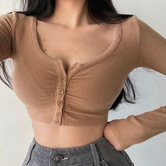Blusas y tops de mujer con escote en V, manga larga y bajo ajustado, cárdigan de color liso con abertura en el ombligo.