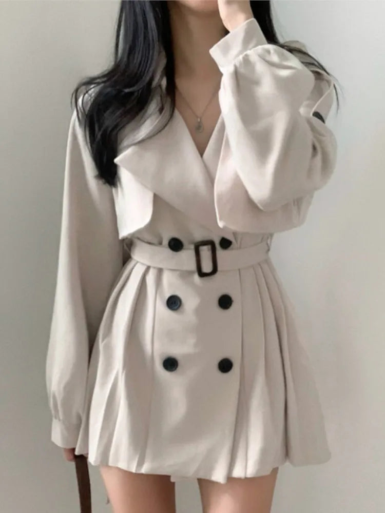 Gabardina elegante y plisada de estilo coreano para mujer, vestido con cinturón, cuello vuelto, doble botonadura, liso, para otoño