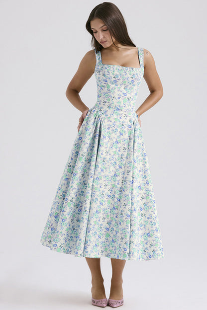 Vestidos de tirantes finos con estampado de flores para mujer, moda sexy, espalda descubierta, corte bajo, pliegues, estilo vacacional, vestido midi ajustado, vestidos femeninos