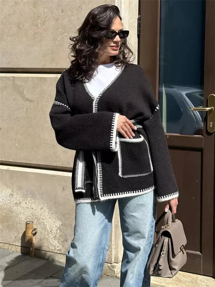 Suéter tipo cárdigan de punto con contraste para mujer, con bolsillos y cordones, manga larga, retazos, abrigo holgado, prendas de punto de otoño, prendas de vestir para mujer