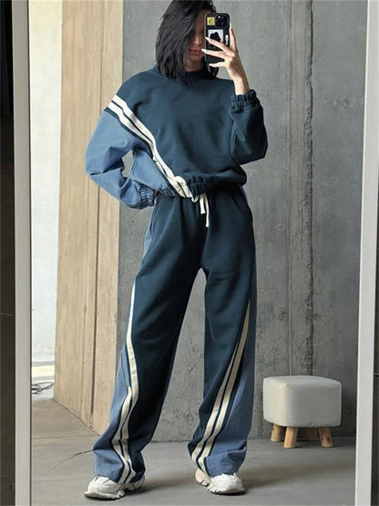Ladies 2 Piece-Set Drawstring Trousers Contrast Lace-Up Autumn  Pullover And High Waist Women Pants Outfits Tracksuit