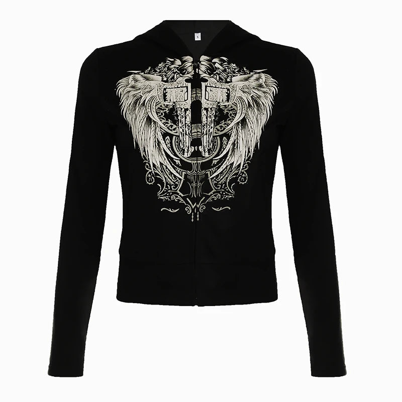 Abrigo con capucha y cremallera estilo retro oscuro Y2k, manga larga, básico, para mujer, moda chic, estampado de diamantes, sudadera tipo cárdigan