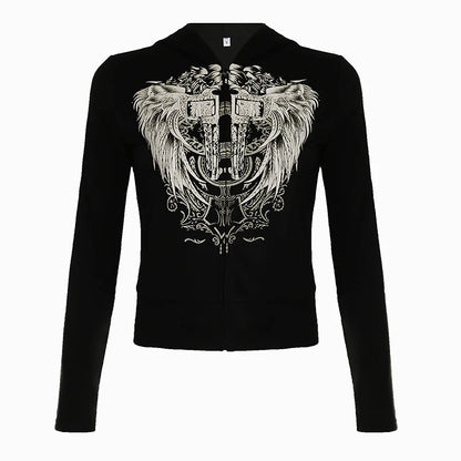 Abrigo con capucha y cremallera estilo retro oscuro Y2k, manga larga, básico, para mujer, moda chic, estampado de diamantes, sudadera tipo cárdigan