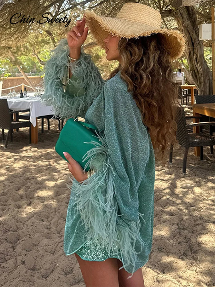 Camisa oversize con plumas brillantes para mujer, blusa de moda con cuello alto brillante, botonadura sencilla, manga larga acampanada, prendas de vestir Y2K para mujer