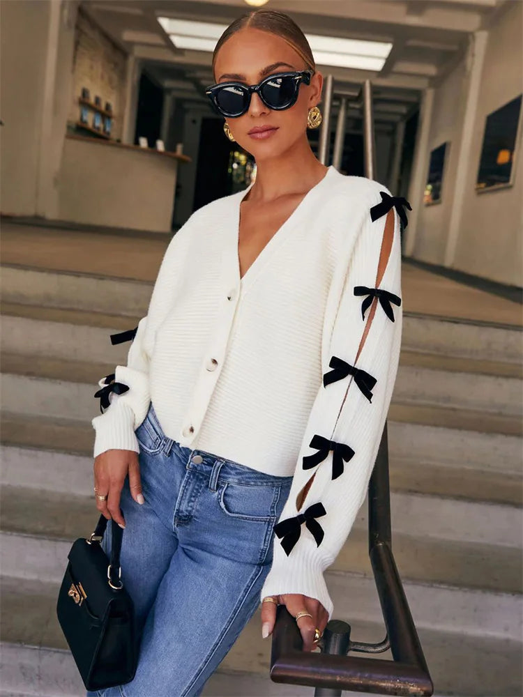 Suéter tipo cárdigan de punto con lazo para mujer, cuello en V, acanalado, calado, informal, con cordones en contraste, elegante, para mujer