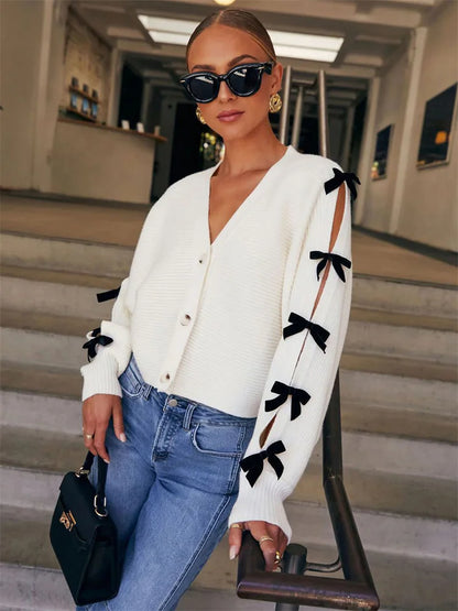 Suéter tipo cárdigan de punto con lazo para mujer, cuello en V, acanalado, calado, informal, con cordones en contraste, elegante, para mujer