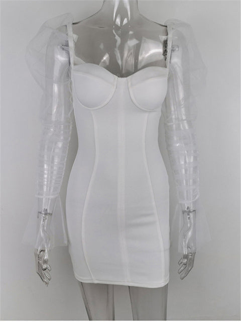 Vestido de fiesta sexy de malla con mangas abullonadas para mujer, cuello bajo, espalda descubierta, patchwork rojo, minivestido para discoteca, primavera 2020