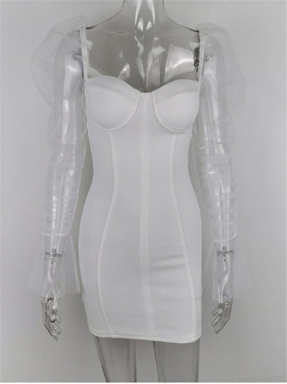 Vestido de fiesta sexy de malla con mangas abullonadas para mujer, cuello bajo, espalda descubierta, patchwork rojo, minivestido para discoteca, primavera 2020
