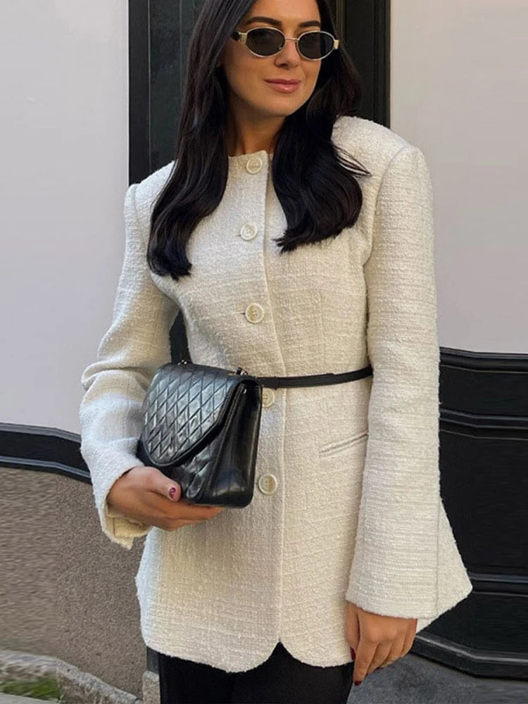 Elegante blazer de tweed para mujer, abrigo ajustado con cuello redondo y hombreras, chaqueta gruesa para mujer, ropa de oficina de primavera 2025