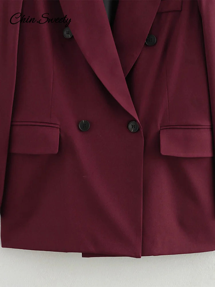 Fashion Burgundy Lapel Blazer Coat Women Elegant Double Breasted Full Sleeve Pocket Jacket  Fall New Female Commute Outwear