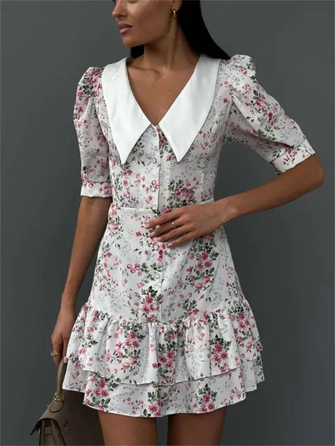 Vestido mini estampado con volantes y escote en V para mujer, manga corta, moda, ajustado, cintura alta, elegante, vestido de fiesta de verano para mujer, nuevo