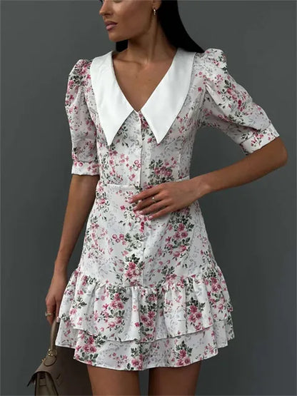 Vestido mini estampado con volantes y escote en V para mujer, manga corta, moda, ajustado, cintura alta, elegante, vestido de fiesta de verano para mujer, nuevo