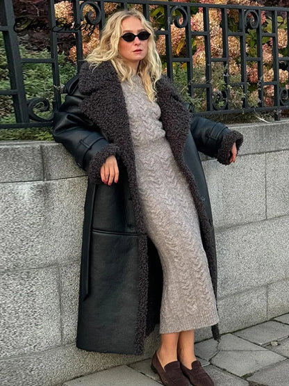 Fashion Lamb Wool PU Leather Long Jacket Women With Belt Patchwork Lapel Pocket Oversize Overcoat  Winter Warm Thick Outwear