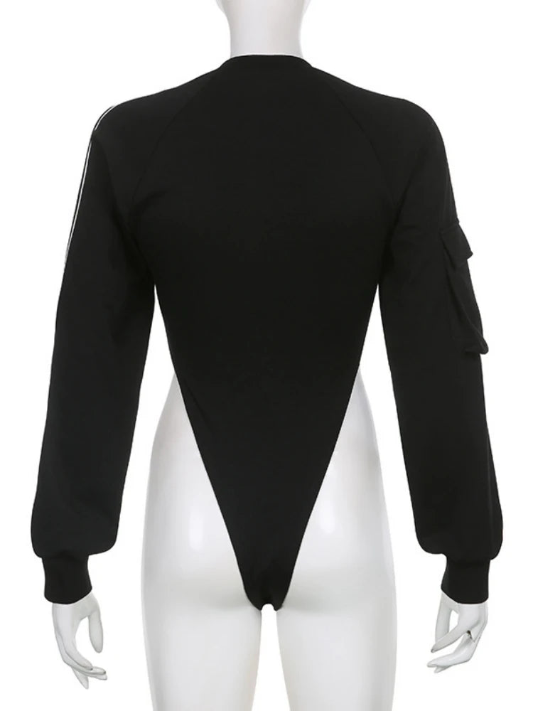 Letter Printing One-Pieces Black Top Women White Line Sexy Bodysuit Lingerie Pocket Body Feminino Long Sleeve Streetwear Bustier
