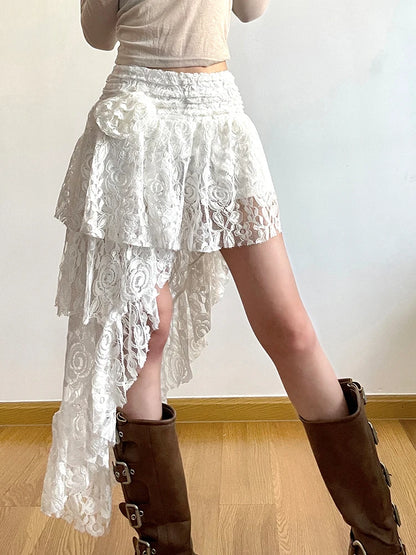 Falda de encaje asimétrica para vacaciones de verano para mujer, con lazo floral, estilo bohemio chic.