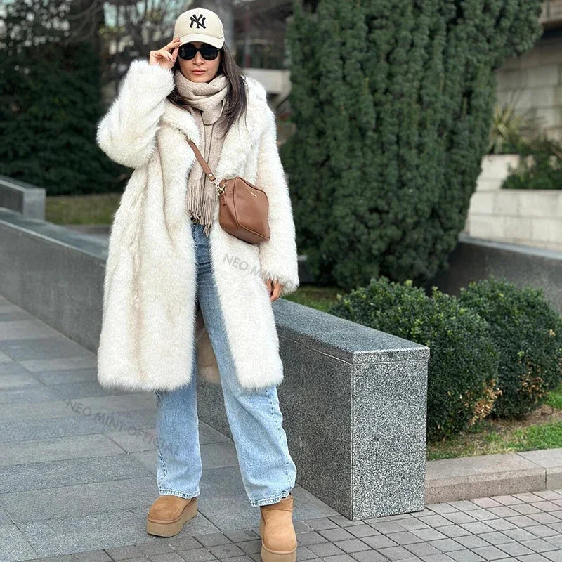 Abrigo largo de piel sintética ecológica con degradado, holgado y elegante, para mujer, de invierno, grueso, cálido y esponjoso, de piel de zorro, abrigo de marca a la moda para niñas.