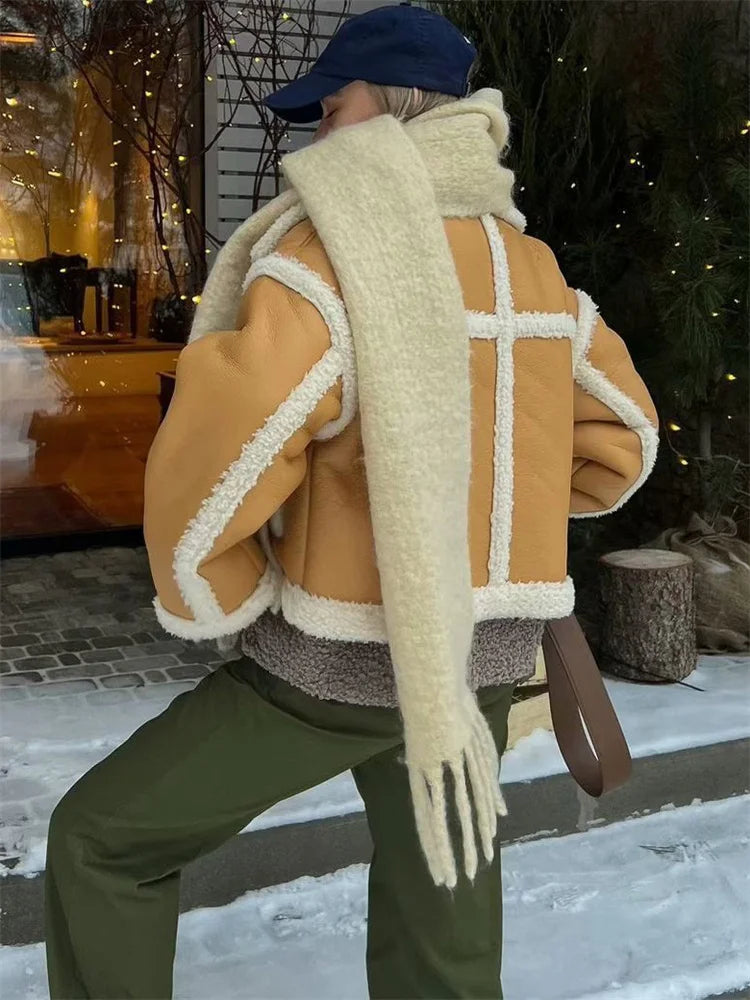 Suéter extragrande y esponjoso con solapa de PU para mujer, ropa de calle de moda con bolsillos de invierno y retazos, abrigo de lujo en contraste, nuevo