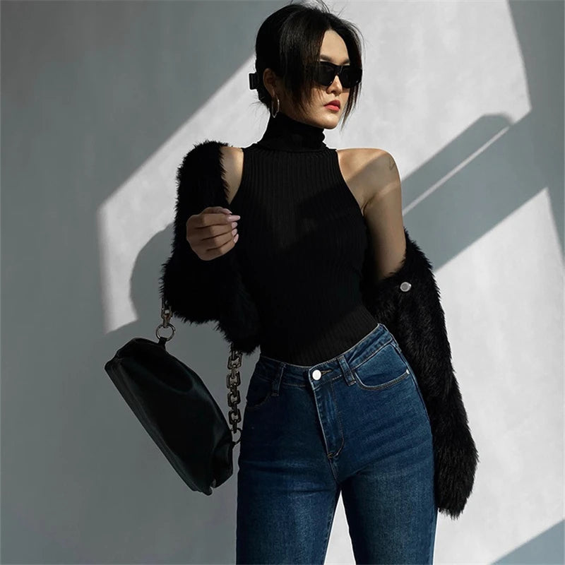Chaleco de verano de cuello alto para mujer, sin mangas, de color sólido, de punto acanalado, ajustado, camisetas sin mangas Y2K, ropa básica para discoteca para mujer