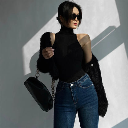 Chaleco de verano de cuello alto para mujer, sin mangas, de color sólido, de punto acanalado, ajustado, camisetas sin mangas Y2K, ropa básica para discoteca para mujer