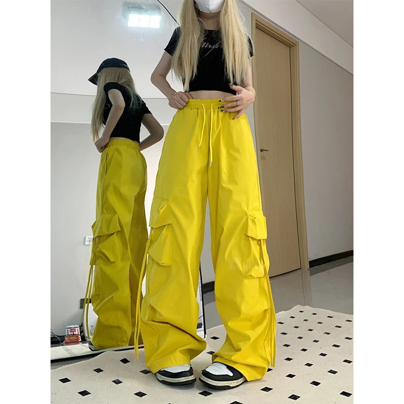 Pantalones cargo Y2K para mujer, ropa de calle, pantalones deportivos holgados de pierna ancha y gran tamaño, estilo Harajuku con bolsillos grandes, de cintura alta