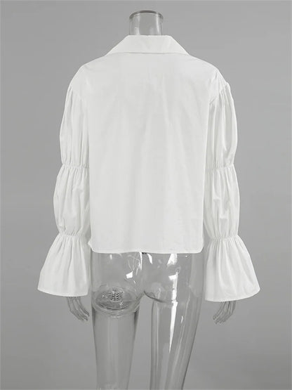 Blusa de gasa con cordones y aberturas para mujer, blusa de manga larga con solapa y parches, estilo vendaje, ropa de abrigo blanca para mujer