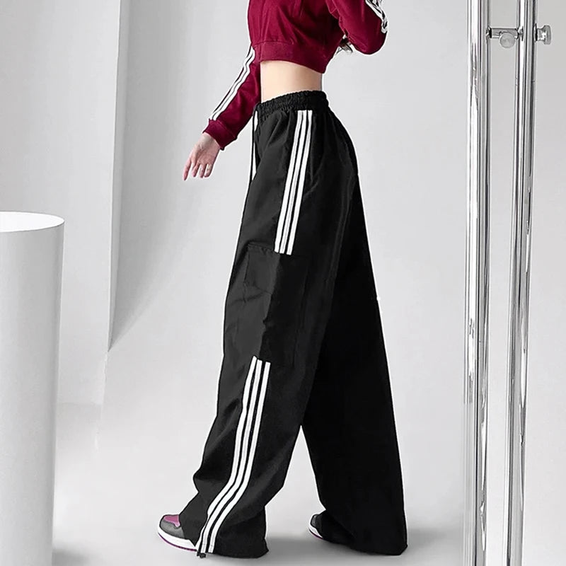 Pantalones deportivos a rayas para mujer, estilo hip hop, holgados, de pierna ancha, cargo, cintura alta, con cordón, Y2K