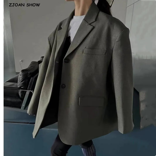 Blazer holgado estilo boyfriend vintage gris oscuro de gran tamaño con cuello entallado para mujer, abrigo de moda