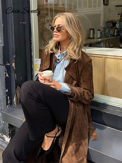 Elegante gabardina larga de ante para mujer, con cinturón, doble botonadura, manga larga, cortavientos marrón, ropa de calle de otoño para mujer, nueva
