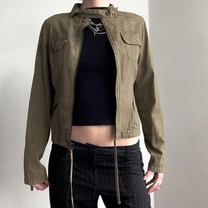 Chaqueta militar de cuello alto con patchwork para mujer, estilo vintage Y2K, con bolsillos y cremallera, estilo grunge, ropa de calle.