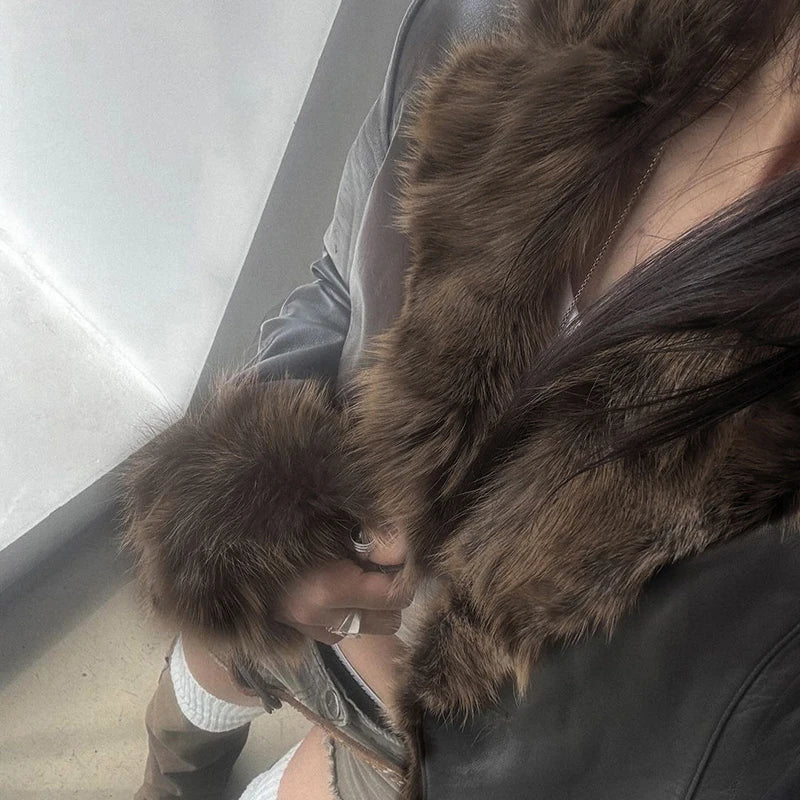 Chaqueta de piel sintética con cuello vuelto, estilo coreano, cárdigan de invierno, abrigo punk vintage de los años 90, ropa de abrigo elegante para mujer, otoño