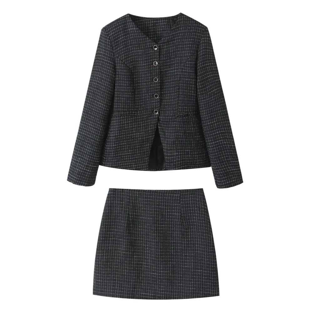Blazer de tweed tejido a cuadros con cuello en V retro estilo francés + minifalda corta de cintura alta, conjunto de 2 piezas, negro y blanco