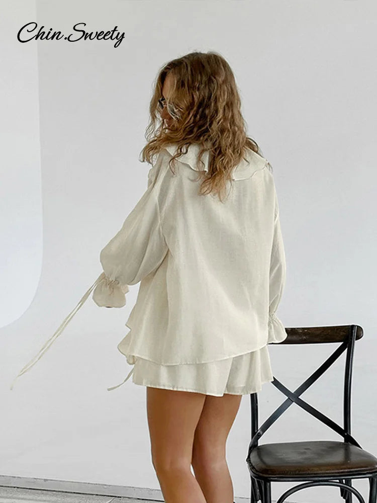 Conjunto de 2 piezas de pantalones cortos holgados con volantes para mujer, cuello en V, camisas caladas, pantalones cortos de pierna ancha, traje blanco para primavera y verano 2025.