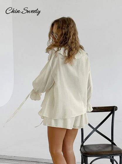Conjunto de 2 piezas de pantalones cortos holgados con volantes para mujer, cuello en V, camisas caladas, pantalones cortos de pierna ancha, traje blanco para primavera y verano 2025.