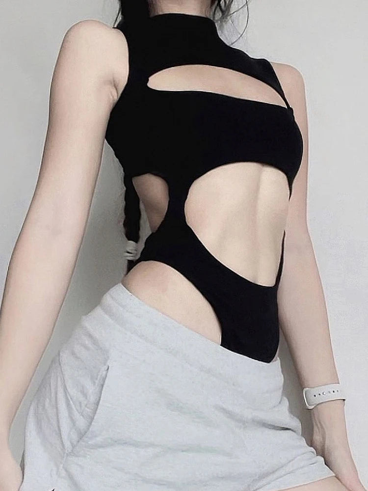 Body sexy con agujeros para fiesta rave, sin mangas, sin espalda, negro, ajustado, para mujer, para salidas nocturnas