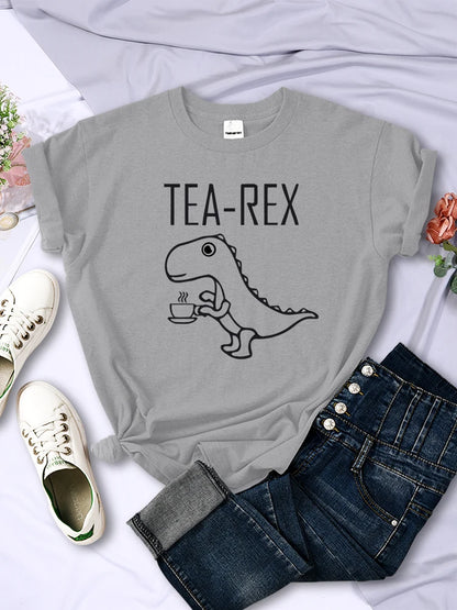 Tea Rex Funny Dinosaur Drink Coffee Female T-Shirts Breathable Casual Short Sleeve Personality All-math Tee Clothing Women Tops