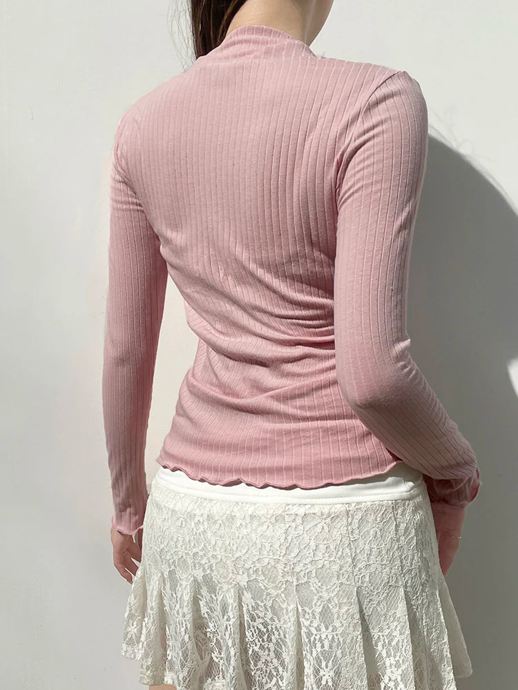 Camiseta de punto acanalada rosa dulce japonesa kawaii con lazo de encaje en contraste, cuello cuadrado, manga larga, básica, para primavera y otoño para mujer