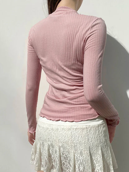 Camiseta de punto acanalada rosa dulce japonesa kawaii con lazo de encaje en contraste, cuello cuadrado, manga larga, básica, para primavera y otoño para mujer