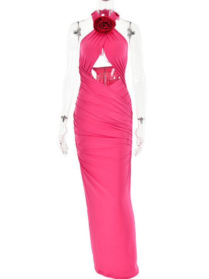 Vestido maxi sexy con flores 3D, sin espalda, calado, con cremallera, sin mangas, ajustado, para fiesta, club y noche.