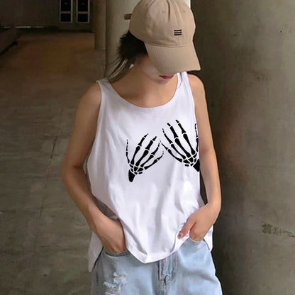 Camiseta de manga corta con estampado de calaveras para mujer, estilo Y2K, con tirantes en el interior, para calle de Europa y Estados Unidos