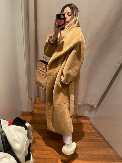 Abrigos largos elegantes de piel sintética con cinturón, solapa grande, manga larga y bolsillo, abrigos de felpa para mujer, ropa de calle de invierno 2025