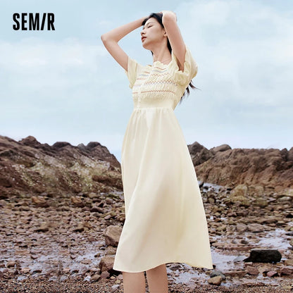 Vestido de mujer con escote cuadrado, mangas abullonadas, corte ajustado y elegante, nuevo vestido de verano divertido y elegante de largo medio.