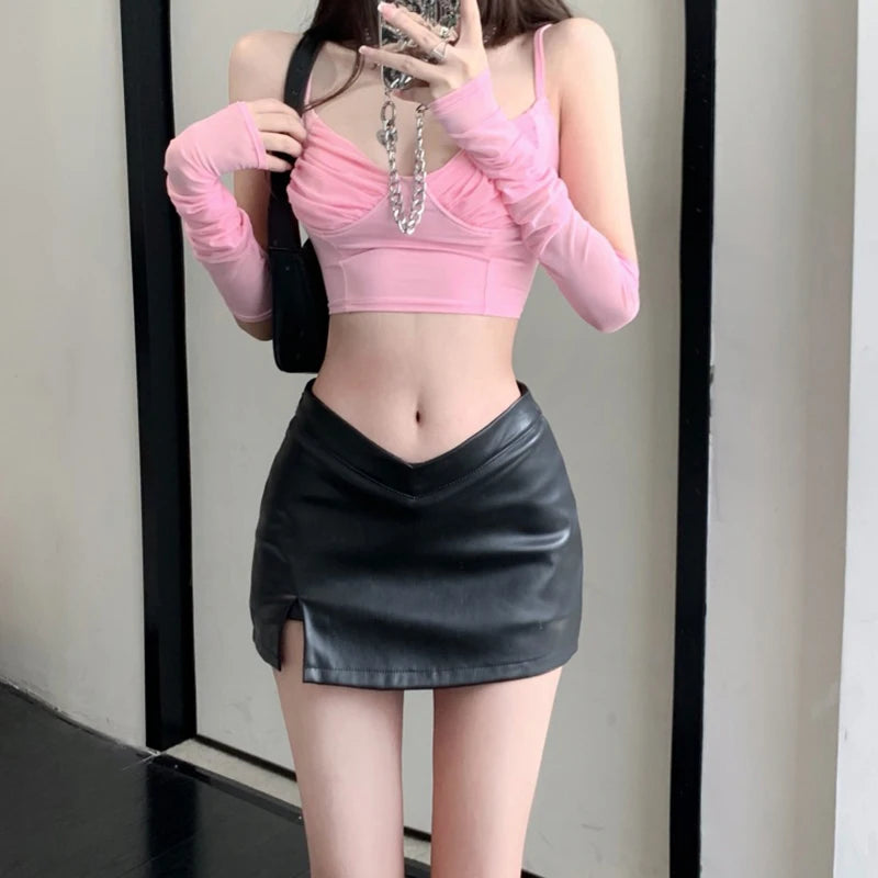 PU Leather Skirt y2k Clothes Women Solid Color Low Waist Side Slit A Line Mini Skirts Club Party Skirt Party Clubwear