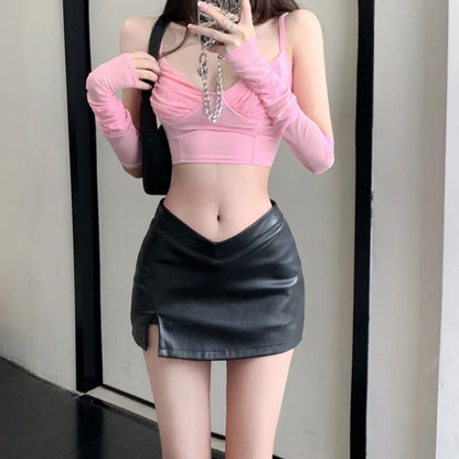 PU Leather Skirt y2k Clothes Women Solid Color Low Waist Side Slit A Line Mini Skirts Club Party Skirt Party Clubwear