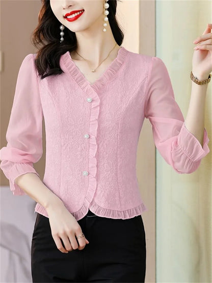 Woman Spring Autumn Style Blouses Shirts Lady Casual Long Sleeve V-Neck Solid Color Blusas Tops DF4615