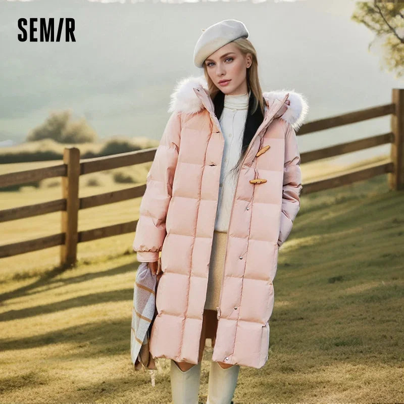 Chaqueta de plumón para mujer, larga, resistente al viento, holgada, de invierno, cálida, con cuello de piel y capucha.