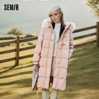 Chaqueta de plumón para mujer, larga, resistente al viento, holgada, de invierno, cálida, con cuello de piel y capucha.